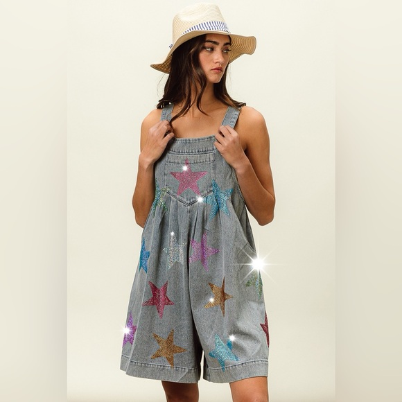 BiBi Star Rhinestone Washed Wide Leg Shortalls - Picture 7 of 14